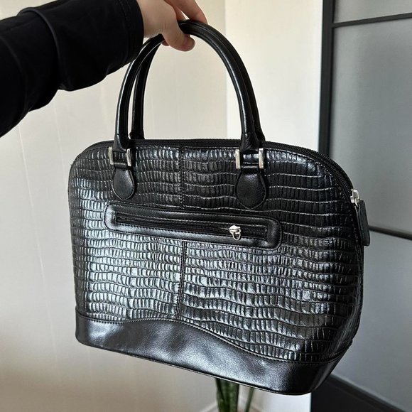 1990s Vintage M.C. Leather Croc Handbag with Silver Heart Accents - Picture 2 of 4